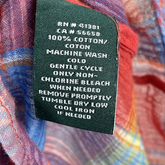 Ralph Lauren Womens Plaid Top Sz M Multi Rainbow 100% Cotton Crinkle Blouse - Picture 6 of 9